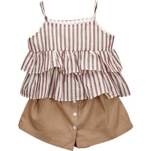 Fashion Summer Infant Kids Girls Clothes Sets Sleeveless Ruffles Striped Tops Button High Waist Shorts 2pcs Outfits Suit 1-6Y