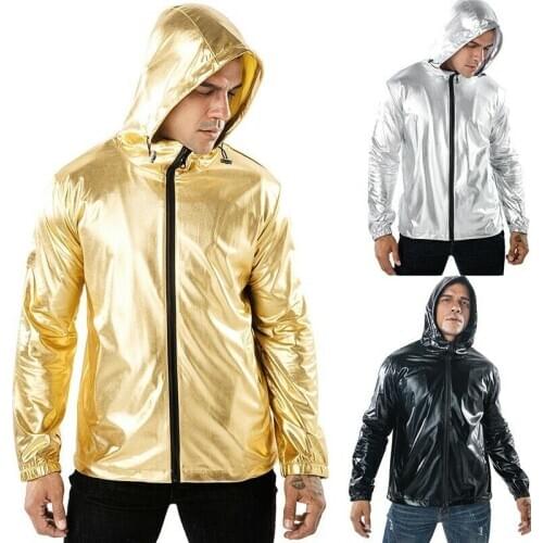 Men Metallic Shiny Biker Jacket Coat Faux Leather Wet Look Hooded Zip Outerwear