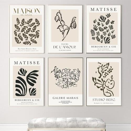Nordic Modern Abstract Matisse Lines Flower Leaf Coral Wall Art Canvas Painting Vintage Posters Print Pictures Living Room Decor