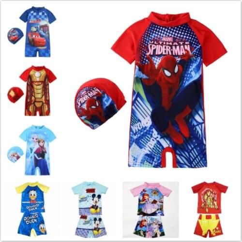 New Children Swimwear Cartoon Frozen Anna Elsa Pixar Cars Spiderman Boy Girl Beachwear Surfing Swimsuit Bathing Hat Suit Wetsuit