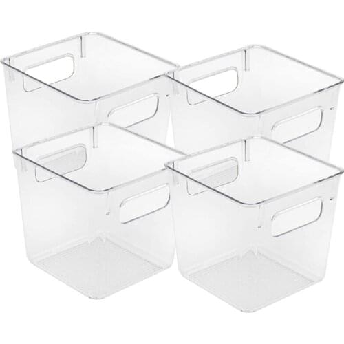 Plastic Storage Bins Clear Pantry Organizer Box Bin Containers for Organizing Kitchen Fridge, Food, (Square, 4-Pack)