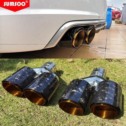 Genuine SUMSOO1PCS Dual Forged Carbon Fiber + Golden Chrome Stainless Steel Car Exhaust Tip Double End Pipe Modification Muffler