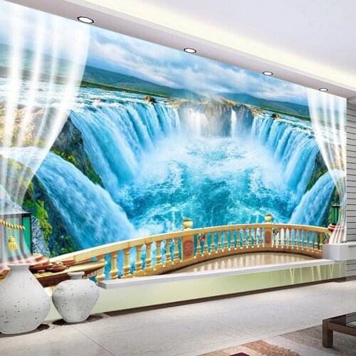 Custom Mural 3D Window Balcony Lake Waterfall Nature Landscape Poster Photo Wall Paper For Living Room Bedroom Papel De Parede