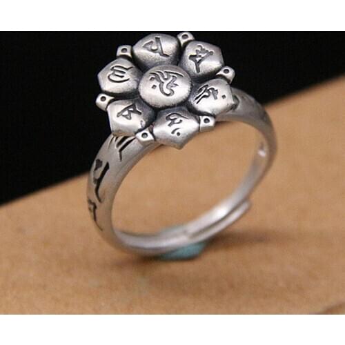 BOCAI New Real S990 pure silver six-character mantra adjustable opening ring retro Sanskrit rotatable Man and Woman ring