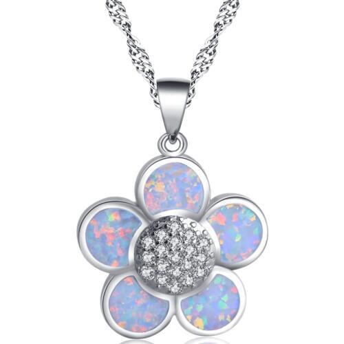ROLILASON Fantastic creature flower white fire opal silver color pendant necklaces for women fashion jewelry OP766