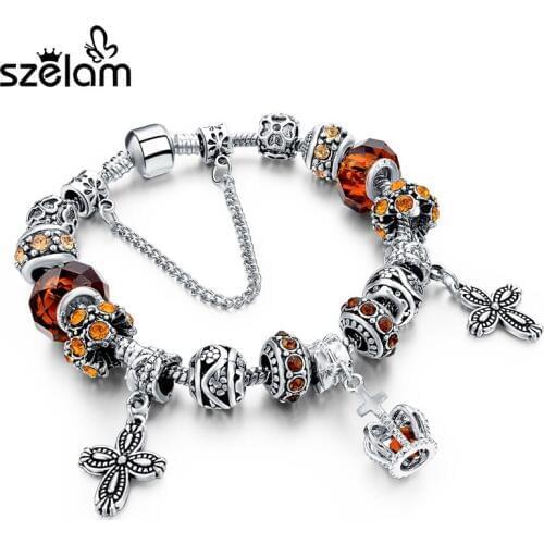 Luxury DIY Crystal Crown Bracelets & Bangles Silver Jewelry Charm Bracelet For Women Pulseira Feminina SBR150270