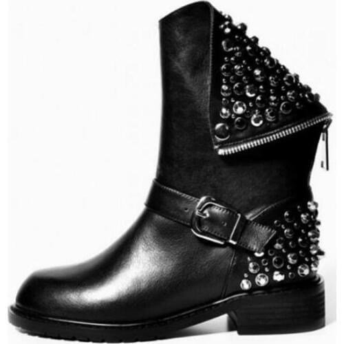 Luxury Shoes Women Designers Rhinestone Gladiator Black Ankle Boots Flat Heel Rivets Studded Buckle Zip Decor Knight Boots