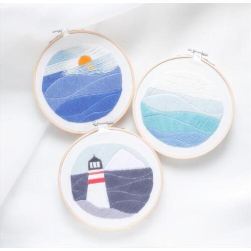 DIY Sea Scenic Embroidery Printed Needlework Cross Stitch Sewing with Hoop Kits For Beginner Handwork Nordic Home Decor