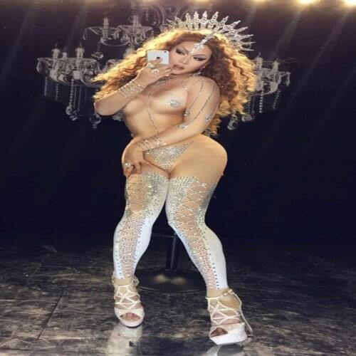 Sexy Striptease Dance Jumpsuit Sparkly Bodysuit Stage Wear Womens Celebrate Female Singer evening One Piece Costume Outfits