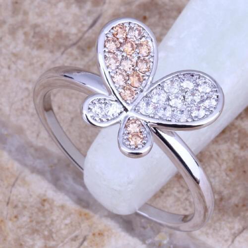 Glittering Champagne Morganite White CZ Silver Plated Butterfly Ring Size 6 / 7 / 8 / 9 E546