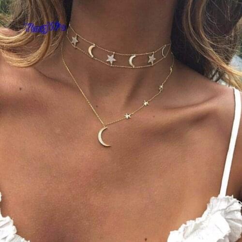 Bohemian Moon Stars Pendant Chokers Necklaces Multi Layer Gold Alloy Chain Necklace Collar for Women Jewelry