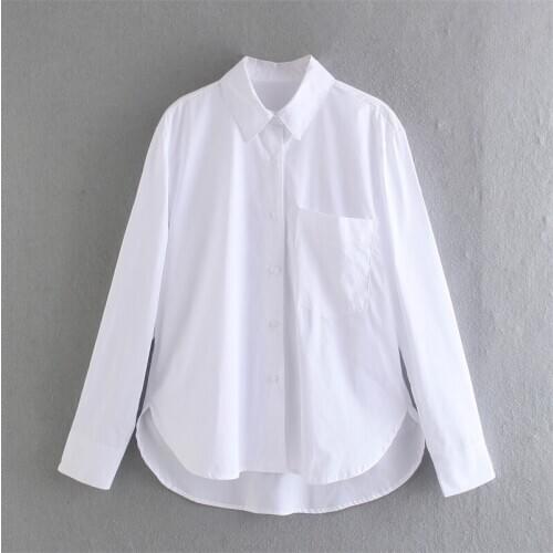 ZXQJ Women 2021 Fashion WIth Pockets Oversized Asymmetric Blouses Vintage Long Sleeve Button-up Female Shirts Chic Tops