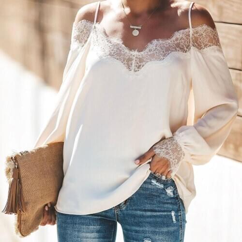 2020 Spring Autumn Fashion Women Sexy V Neck Long Sleeve Lace Stitching Off Shoulder Straps Loose Shirt