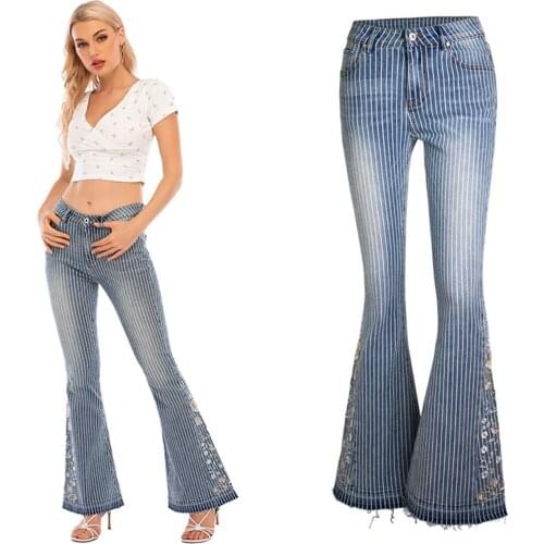 New Flared Jeans Woman High Waist Striped Embroidery Pants For Women Clothing Jean Flared Pants Women Y2k Denim Women Trousers