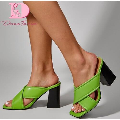 DoraTasia 2021 Summer New womens Pumps Square Open Toe Thick High Heels Slip On Slides Vacation Elegant Mature Shoes Woman