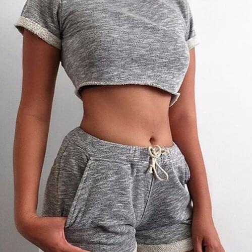 Solid o-neck crop drawstring womens two-pieces short sets short sleeves spliced summer ladies causal two pieces shorts suits