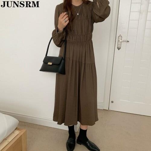 2020 New Autumn Dress Women Vintage Korean Style Simple Round Neck Pleated Maxi Long Dress Female Long Sleeve Ladies Vestidos