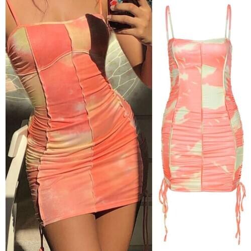 Women Spaghetti Strap Tie-Dye Off Shoulder Ruched Drawstring Bodycon Mini Dress MXMA