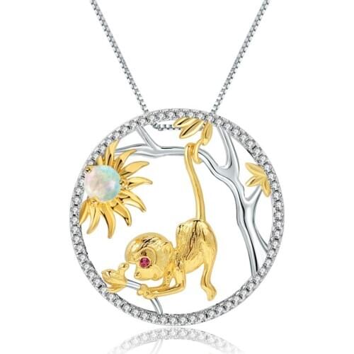 GEMS BALLET 925 Sterling Silver Golden Monkey Pendant Necklace For Women Chinese Zodiac Jewelry Natural African Opal Gemstone