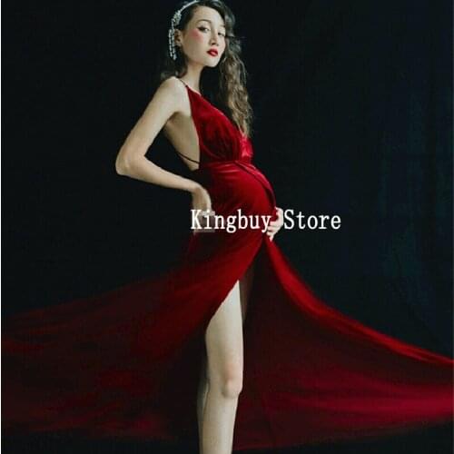 Women Photography Props Burgundy V-Neck Backless Maternity Dresses Elegant Pregnancy High Split Dress Studio Photoshoot Clothes