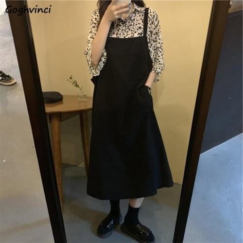 Sweet Harajuku Dress Sets Women Baggy Leopard Single Breasted Shirts Retro Black Straps Dresses Students Stylish Cozy Streetwear