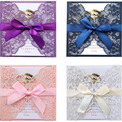 10pc/lot Hollow Laser Cut Wedding Invitations Elegant Lace Design Engagement Wedding Invitation Card With Ribbon Envelop