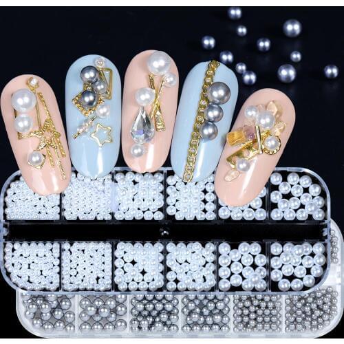 12 Grid 3D 3MM/4MM/5MM Pearls Nail Art Decoration White AB grey Champagne Semisphere Circle Beads Studs Manicure Jewelry Gems