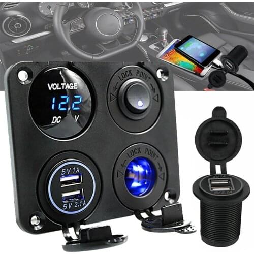 12V Car Cigarette Lighter Socket Dual USB Charger Voltmeter Car Switch Panel Voltmeter 4 In 1 Charger Panel For Car Motocycle