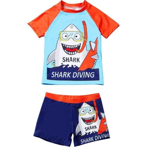 2-8 Years Kids Boys Swimwear Two-piece Swimming Clothes Set Cartoon Short Sleeve Tops Shorts Swimsuit Beachwear Summer 2021 New