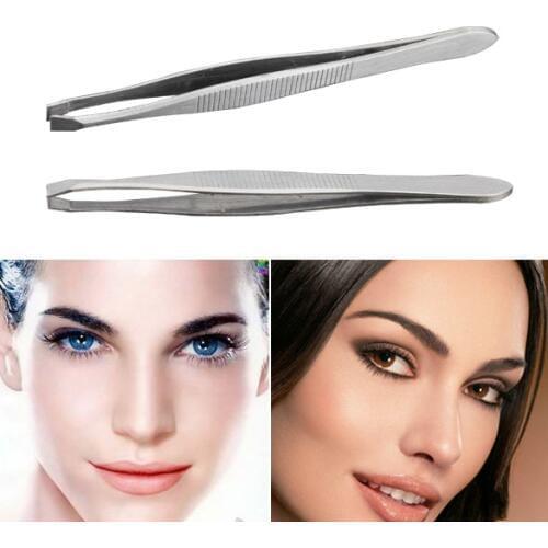 2Pcs Hot Silver Tone Slanted Flat Tip Stainless Steel Hair Eyebrow Tweezers Cosmetic Tool For Lady Women Girls