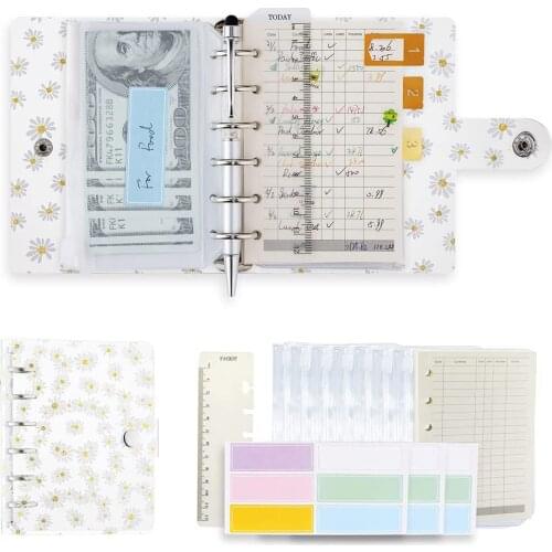 A7 Clear Daisy Binder Notebook Budget Cash Envelopes Planner Organizer with Binder Pockets ,Ruler, Refill Paper ,Label Sticker