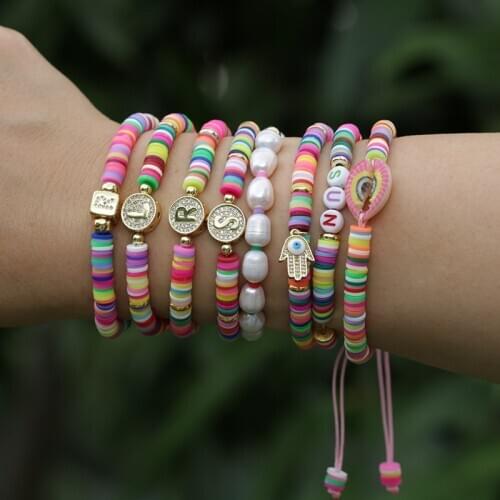 Bohemia gold initial 26 alphabet letter name charm colorful rainbow silicone plastic rope beaded bracelets for women girl gift