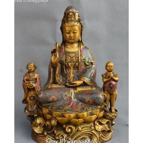 Cloisonne Bronze 24K Gold Gilt Kwan-yin Guan Quan Yin Tongzi Boy Child Statue