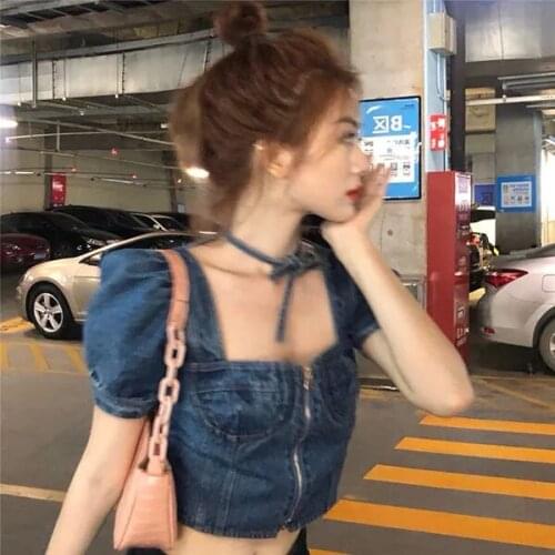 Design sense niche square neck tie denim shirt womens summer 2021 new Korean style puff sleeve short crop top