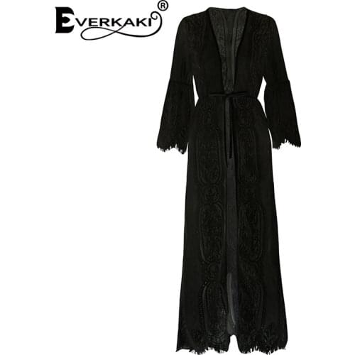 Everkaki Lace Embroidery Kimonos Coats Women Summer Beach Boho Plus Size Bikini Robes Outerwear Long Kimono Female 2021 Overall