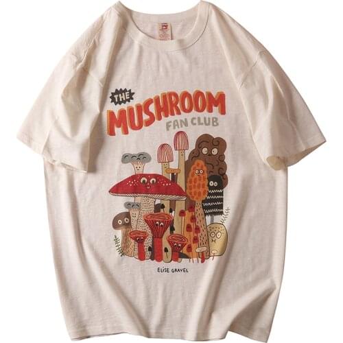 Cotton Material Retro Apricot Mushroom Cute T Shirts O-neck Casual Summer Plus Size Woman Tshirts 2021Fashion Streetwear Clothes