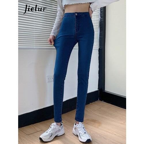 Jielur Elastic New Jeans Fashion Women Pencil Pants High Waist Slim Denim Washed Trousers Lady 2021 Summer Jeansy Pantalones