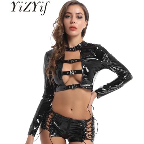 PU Leather Crop Top Women Sexy Tops Gothic Streetwear Hollow Out Front with Buckles Bodycon Rave Party Clubwear Moto Costumes
