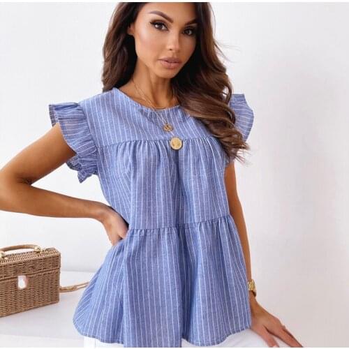 Summer Women O-neck Top T-shirt 2021 New Fashion Casual Sleeveless Ruffles Striped Tops T Shirt Tshirts Tee Shirt Femme