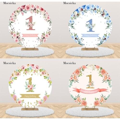Mocsicka Round Circle Birthday Backdrop Flower Polka Dot Baby 1st Birthday Party Photo Background Photo Studio Props Table Cover