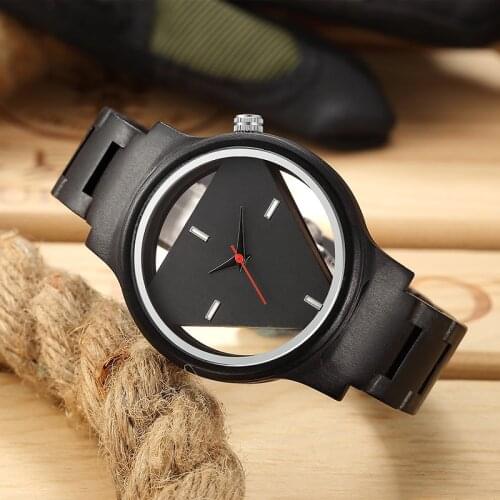 Fashion Mens Full Wood Bamboo Watch Hollow Triangle Dial Quartz Wristwatch Male Push Button Bangle Sports Clock Analog Gift