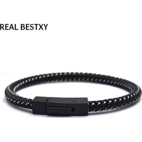 REAL BESTXY 6mm Punk Men Jewelry Black Braided wire Bracelet Stainless Steel Clasp Fashion Bangles men bracelets for friend