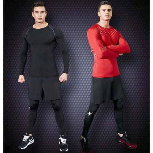 Psvteide 2 Pieces Mens Sportswear Sexy Black Bodysuits Functional Training Clothing Rashgard Male T-shirt and Compression Pants