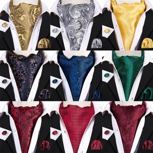 Silk Paisley Mens Cravat Ascot Tie Handky Cufflinks Set Floral Vintage British Style for Formal Gentlemen Wedding Barry.Wang