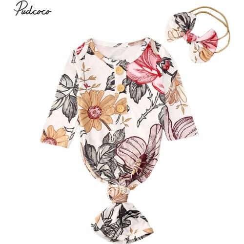 2020 0-6M Newborn Infant Baby Girl Sleeping Bags With Headband 2pcs Cotton Clothes Long Sleeve Floral Sleepwear Nightdress