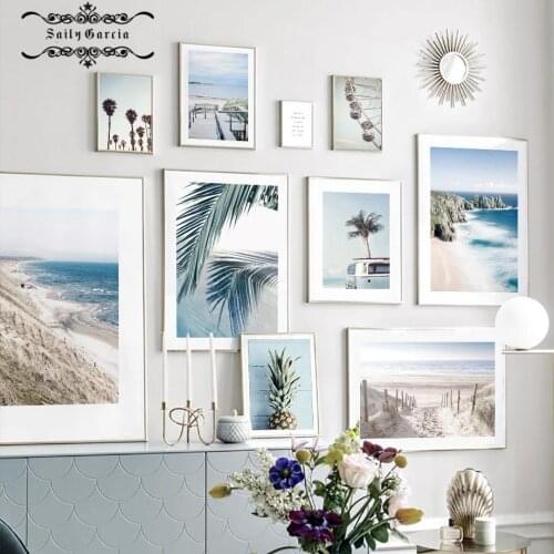 Tropical Beach Pineapple Coconut Tree Landscape Wall Art Canvas Painting Blue Nordic Poster and Prints Living Room Decor Picture