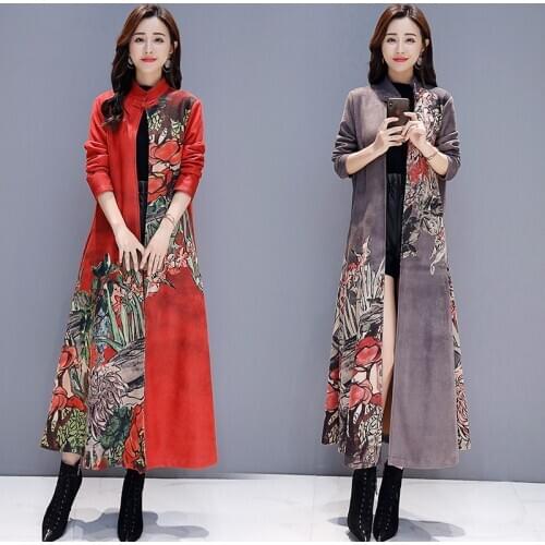 Vintage Printed Windbreaker Female Long Section Over The knee 2020 Spring Autumn New Chinese Style Womens Trench coat Outerwear