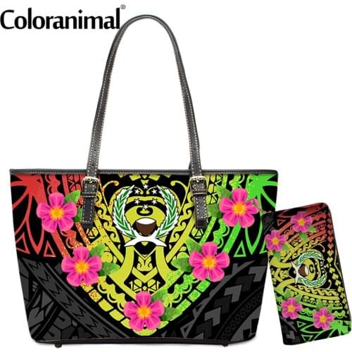 Coloranimal Fashion Chuuk Polynesian Plumeria Printing Women Tote Handbag PU Storage Ladies Shoulder Bag 2Pcs Top-Handle Bosla
