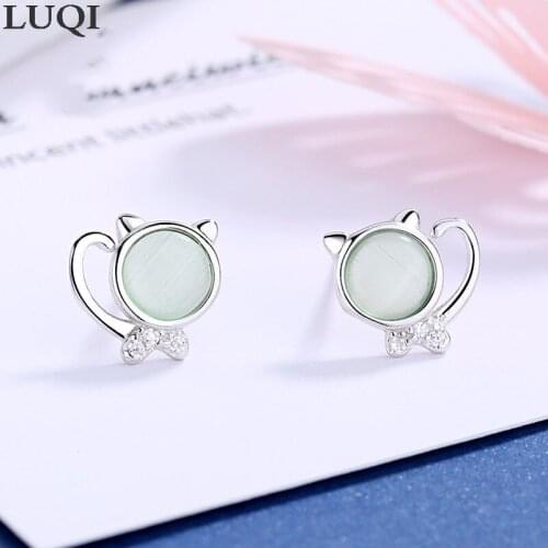 Womens Fashion S925 Silver Plated Platinum Synthetic Agate Cat Temperament Stud Earrings E147