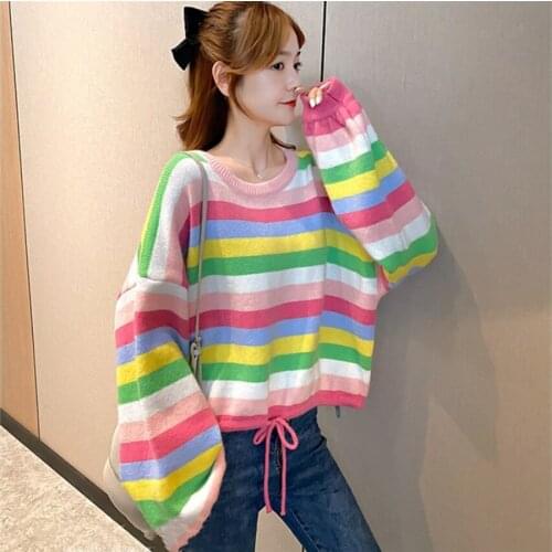 Sweet Rainbow Striped Sweater Women Autumn 2020 New Korean Version Loose Lazy Pullover sweater top trend